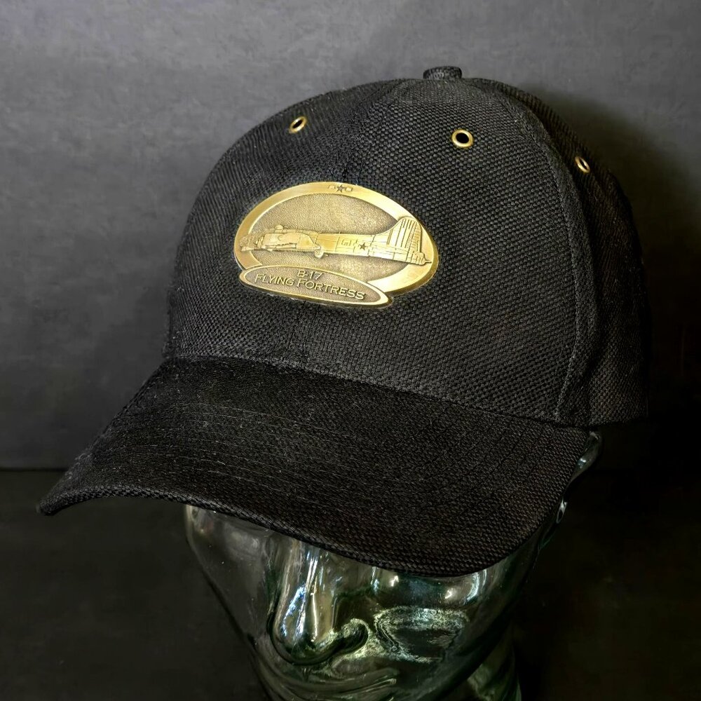 Skywear B-17 Flying Fortress Brass Emblem Black Baseball Cap Adjustable Strap
